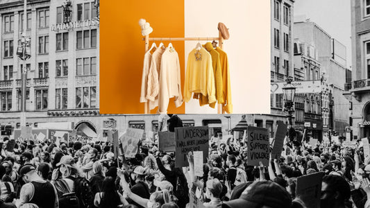 Colorblock clothing rack over a protest image