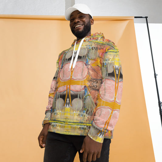 Model smiling and wearing hoodies with a vibrant multicolored abstract pattern.
