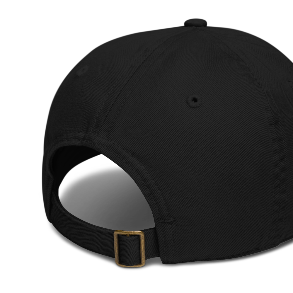 Black baseball cap with buckle on white background