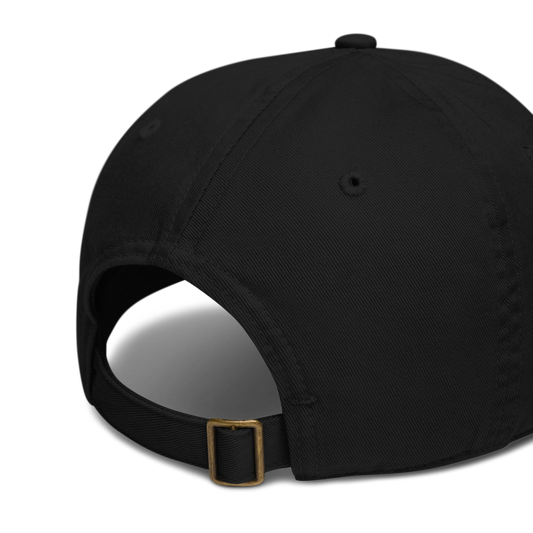 Black baseball cap with buckle on white background