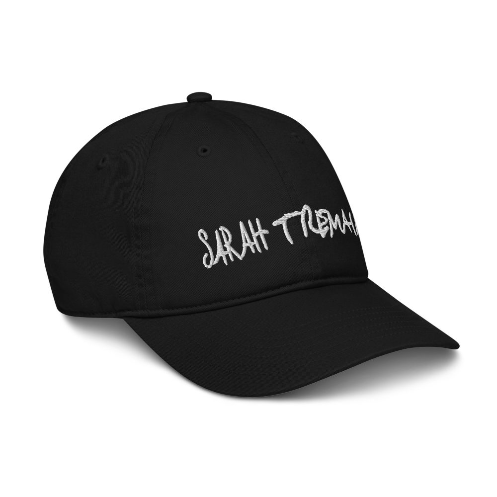 Black baseball cap with white text on a white background