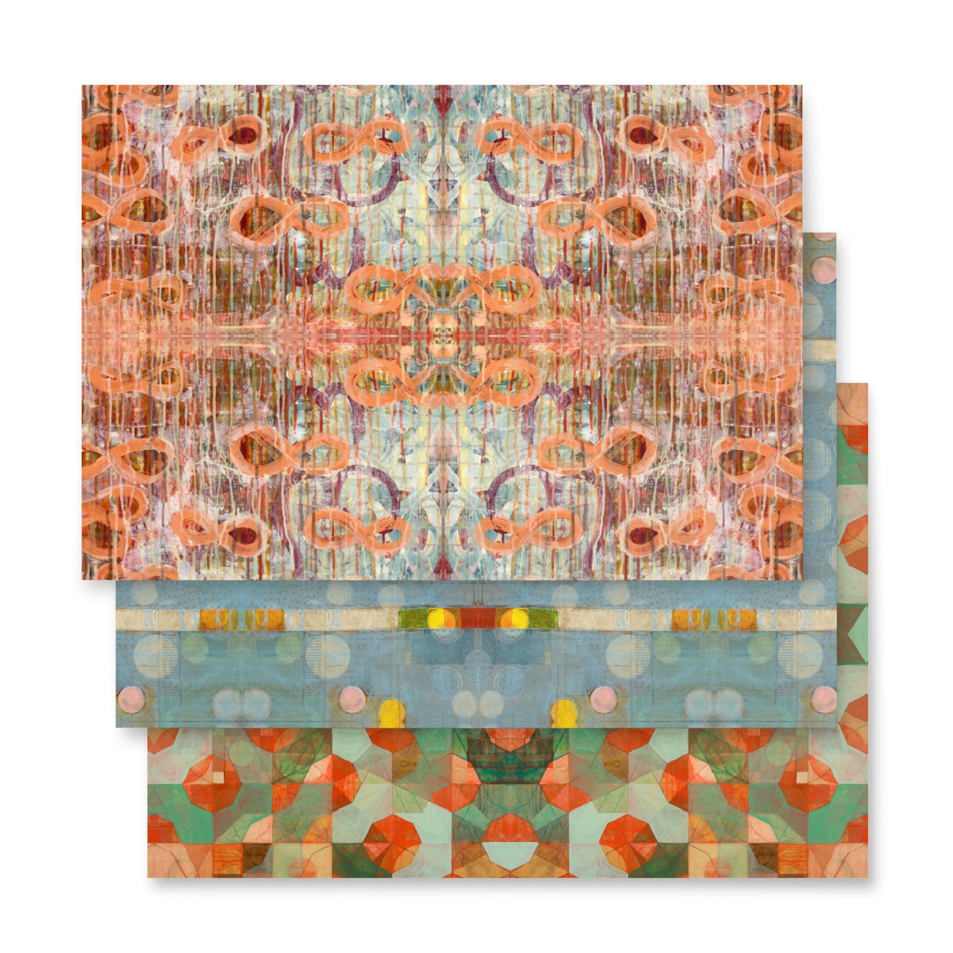 Three stacked sheets of wrapping paper with geometric patterns, displaying a variety of colors including blue, red, and green.