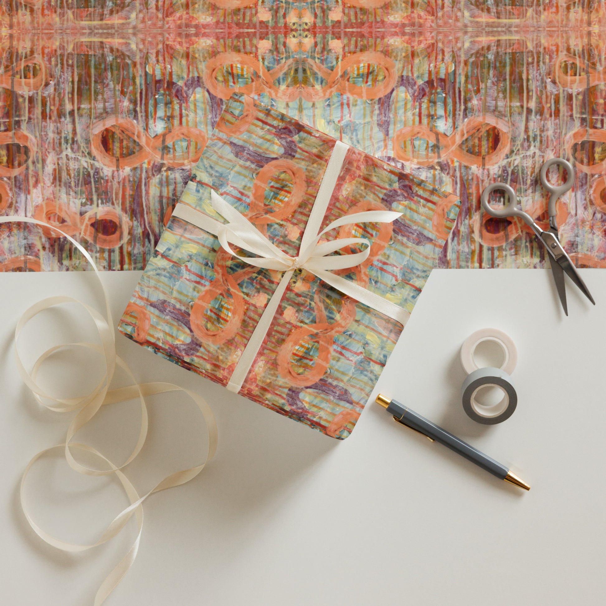 geometric wrapping paper displayed flat and as a wrapped present