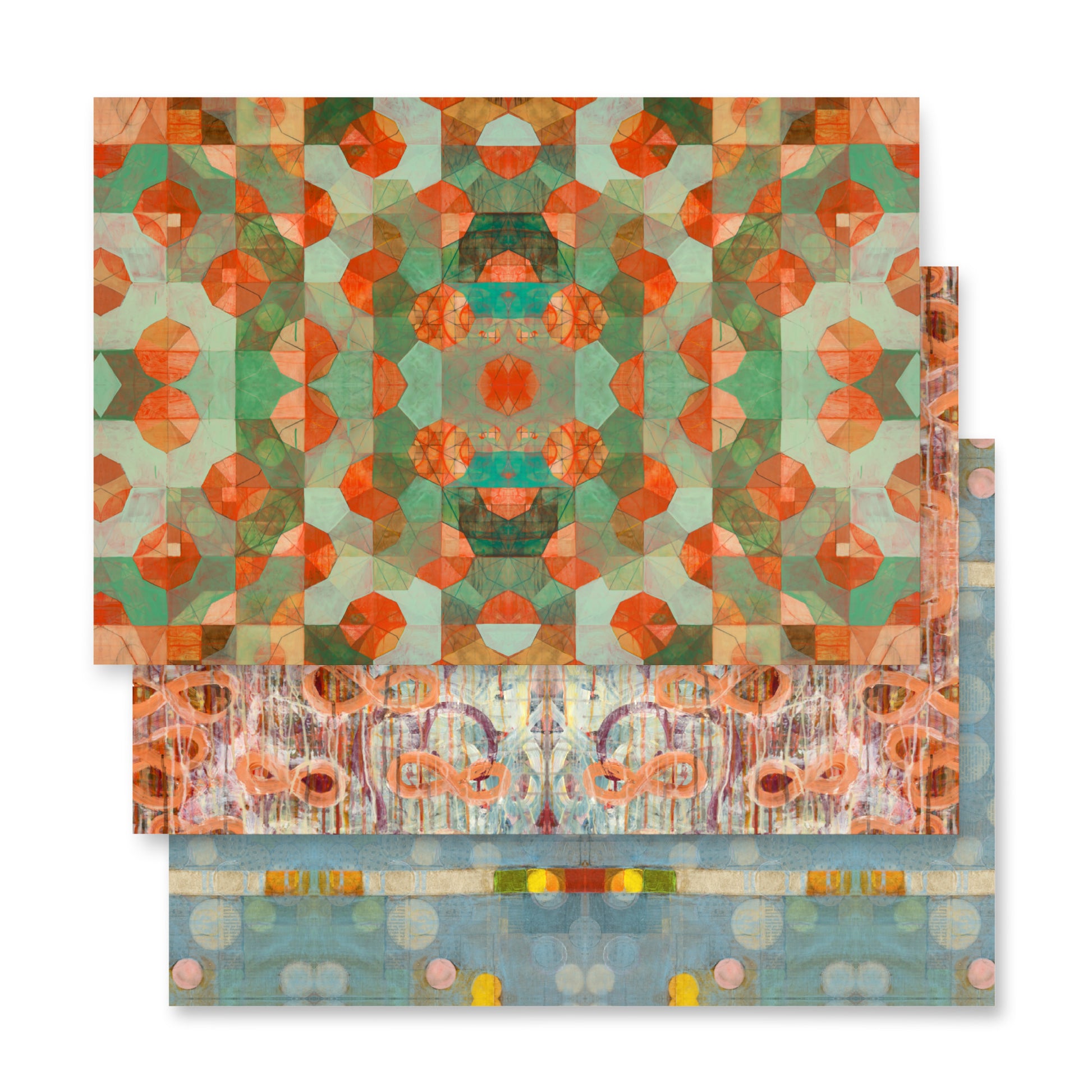 Three stacked sheets of wrapping paper with geometric patterns, displaying a variety of colors including blue, red, and green.