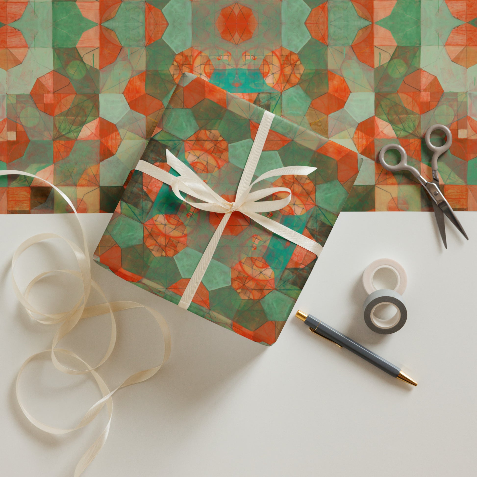 geometric wrapping paper displayed flat and as a wrapped present