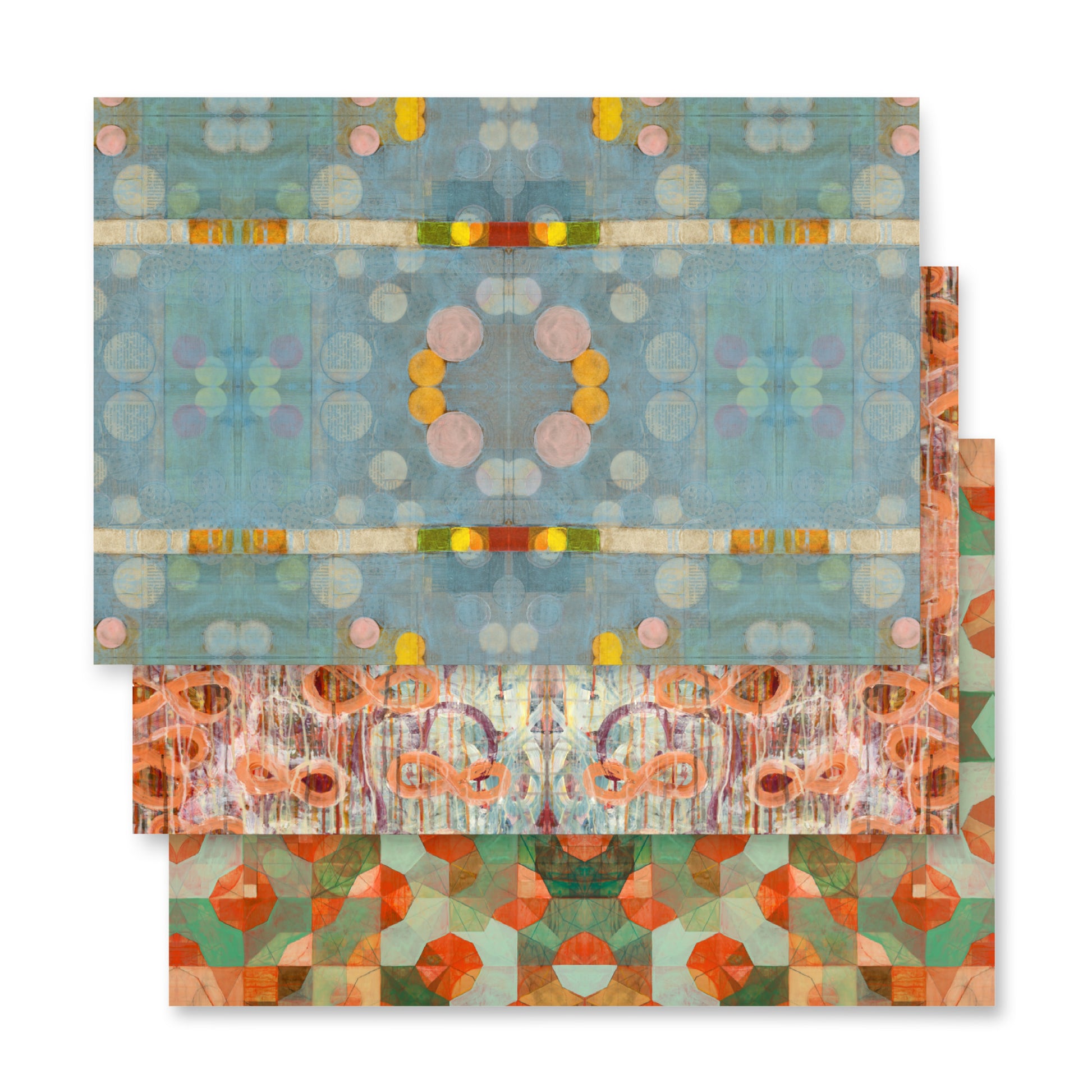 Three stacked sheets of wrapping paper with geometric patterns, displaying a variety of colors including blue, red, and green.