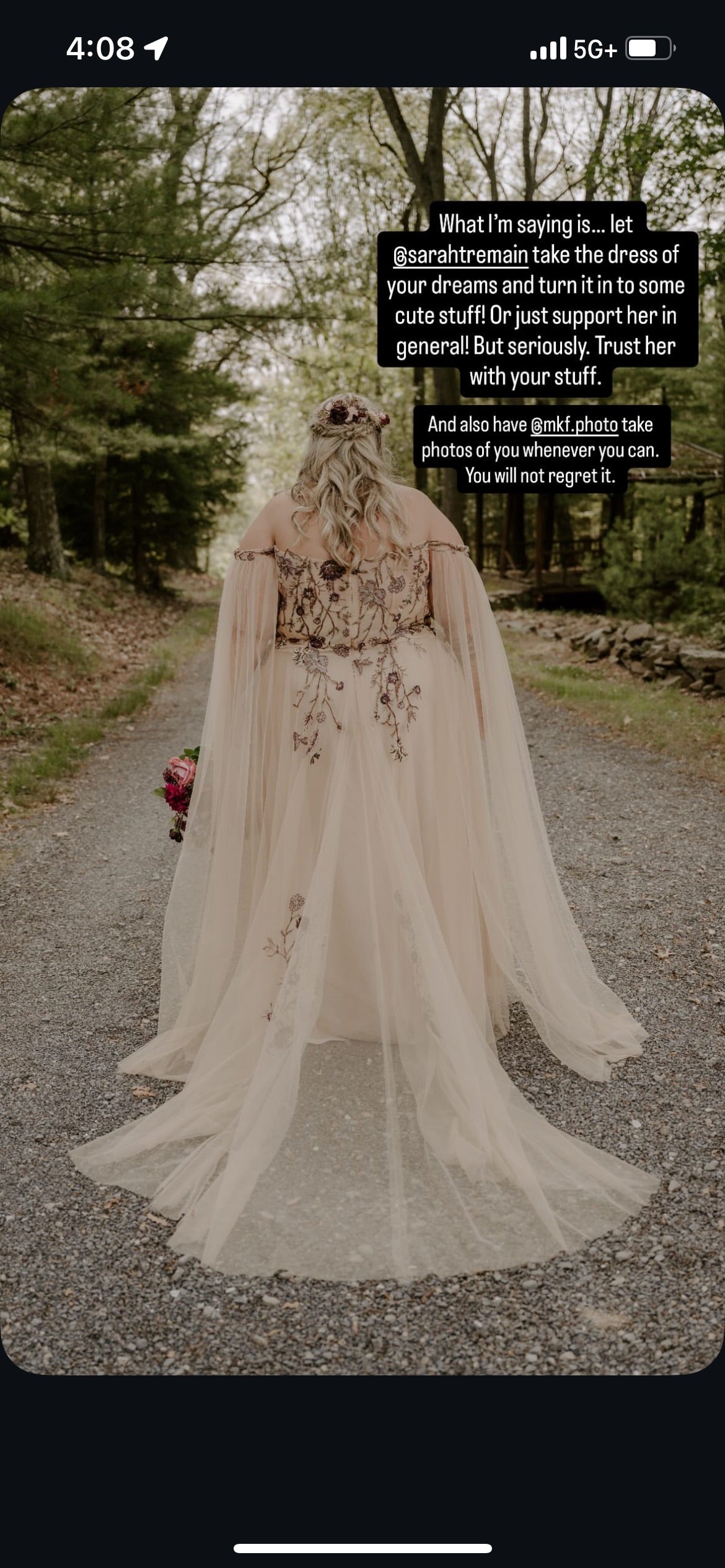 Screenshot of wedding dress review from client