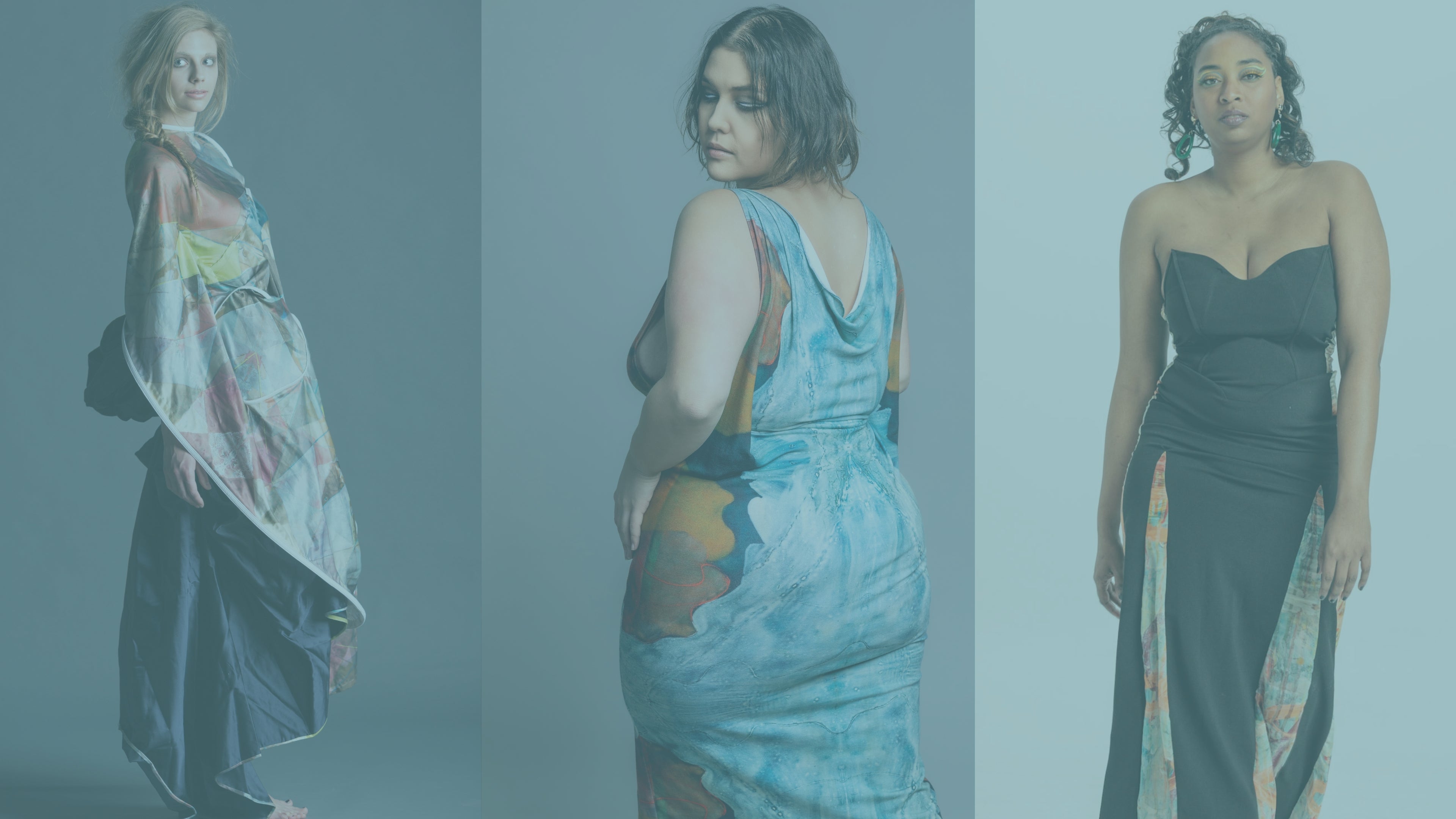 Three women wearing different dresses against a gray background