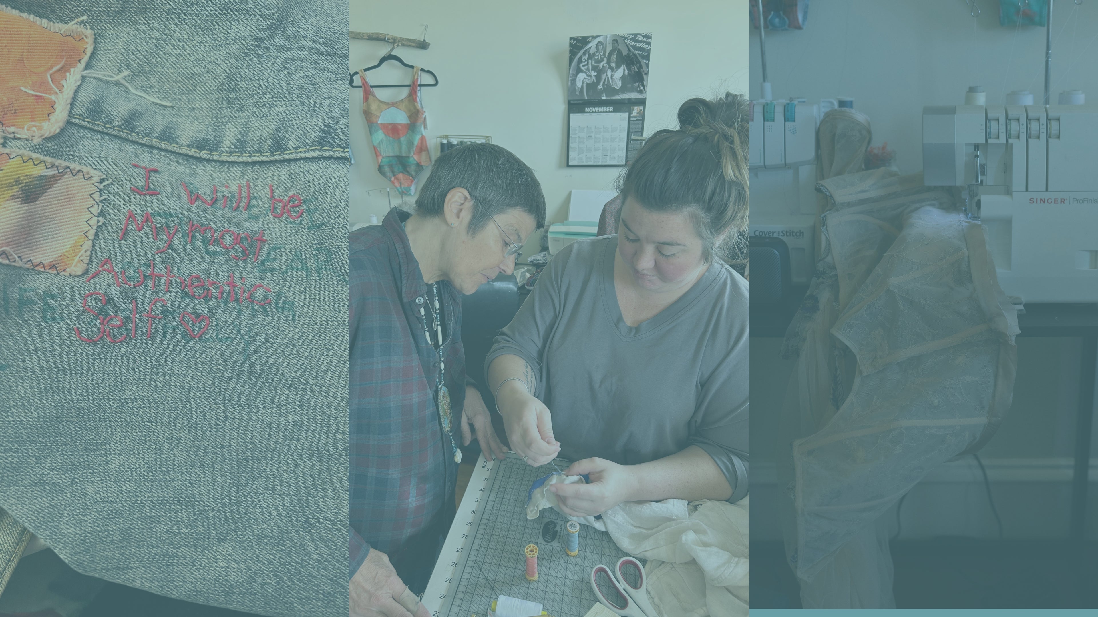 A collage of three different scenes: a person working on a craft project, a person at a mending event, and a pair of mended jeans