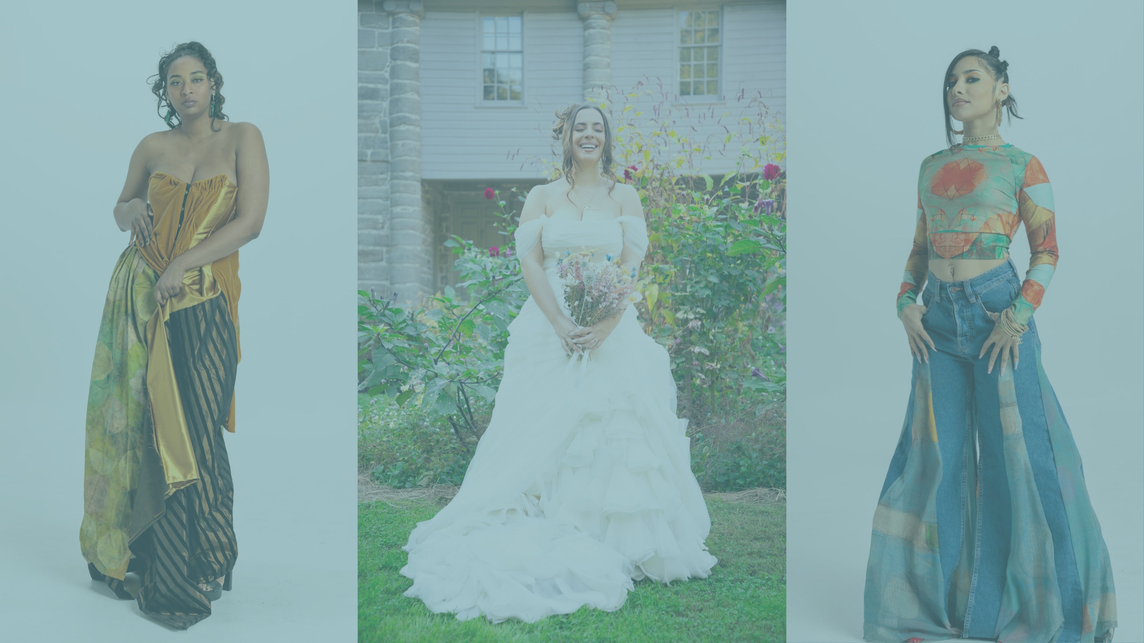 Three women in different upcycled outfits by Sarah Tremain